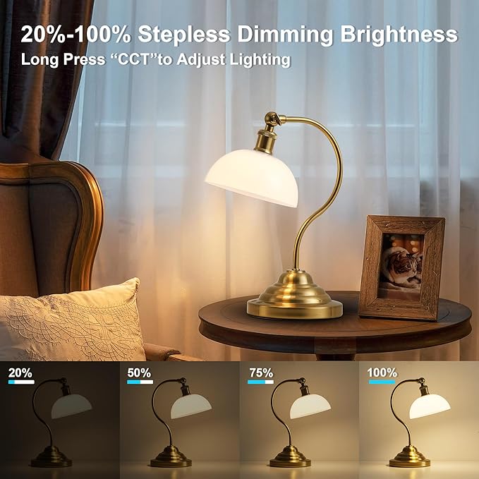 Cordless LED Table Lamp, 180° Swing Arm Desk Lamp, Battery Operated,Dimmable/3 Color, Vintage Rechargeable Table Light for Living Room,Bedroom,Bedside, White Shade, Brass - Aura Lighting