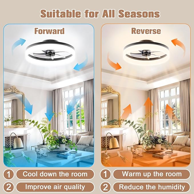 VOLISUN Low Profile Ceiling Fans with Lights and Remote,15.7in Modern Ceiling Fan Flush Mount,3000K-6500K Dimmable Bladeless LED Fan Light,Black Fandelier Ceiling Fans with Lights for Bedroom - Aura Lighting