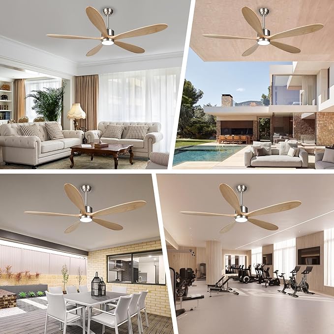 reiga 60 Inch Large DC Motor Outdoor Ceiling Fan with Dimming LED Light Kit, Alexa, Google Home, App and Remote Control, 5 Natural Wood Propeller Blades for Patio Garage Farmhouse and Porch - Aura Lighting