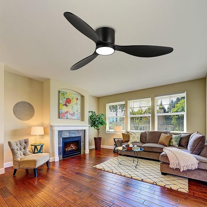 reiga 52 Inch Wood Black Modern Flush Mount Indoor Ceiling Fan with Light and Remote, 3 Propeller Blade, Quiet DC Motor for Bedroom Living Room - Aura Lighting