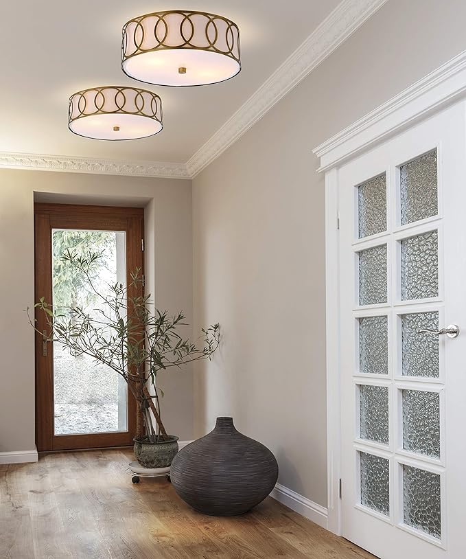 JONATHAN Y 12.25" Brass Gold Modern Metal LED Flush Mount Ceiling Light for Bedroom Hallway, White Linen Drum Shade with Geometric Fretwork, LED Bulbs Included JYL3502A