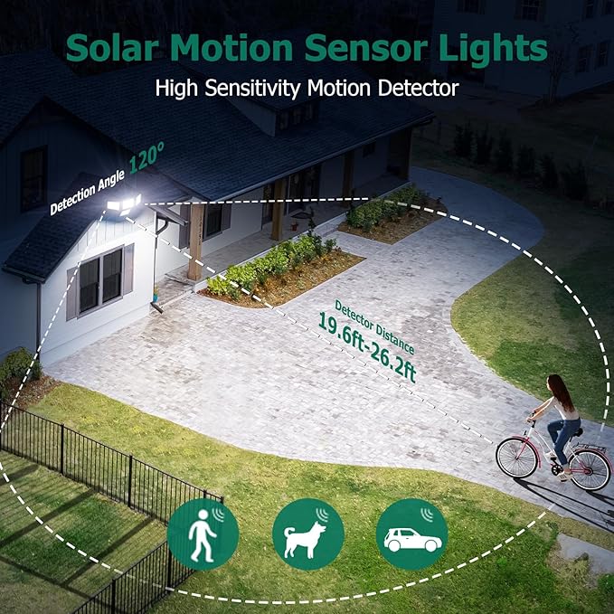 4500LM Solar Lights Outdoor, 4 Adjustable Heads Motion Sensor Lights, 3 Mode, 6500K, IP65 Waterproof Solar Security Wall Lights, Remote Control Flood Lights, Graden, Outside, Backyard, 2 Pack