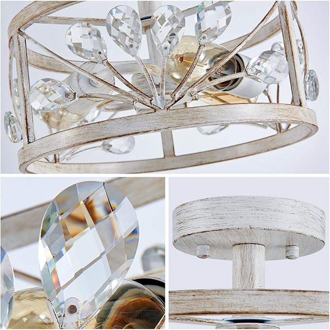 WUZUPS Crystal Leaf Chandelier 3-Light Vintage Farmhouse Industrial Semi-Flush Mount Ceiling Light Lighting Fixture for Foyer Hallway Storage Room Kitchen Bathroom, H 8.5" W 12", Antique White