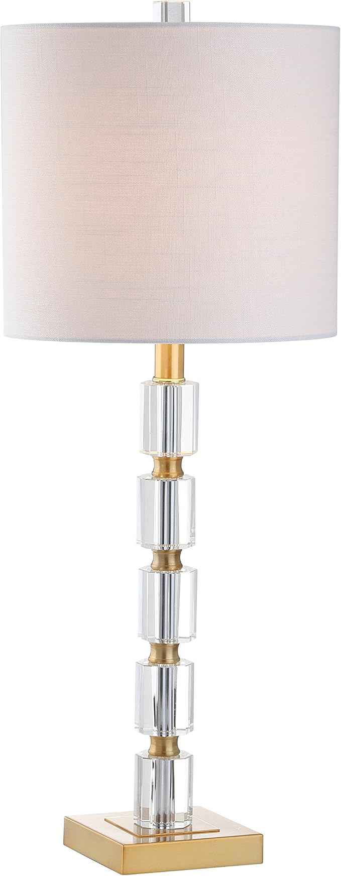 JONATHAN Y 28.5" Clear and Brass Gold Crystal Table Lamp Set of 2, Modern Glam Geometric Bedside Lamps for Living Room, White Linen Drum Shade, UL Listed, LED Bulbs Included JYL5001A-SET2