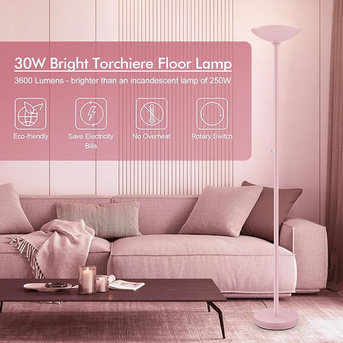 30W Pink Torchiere Floor Lamp, 3600LM Super Bright LED Pole Lamp, 71Inch Tall Stepless Dimmable Torch Lamp, 1Inch Thick Metal Tube, Rotary Switch, Modern Standing Lamp for Living Room/Bedroom/Office - Aura Lighting