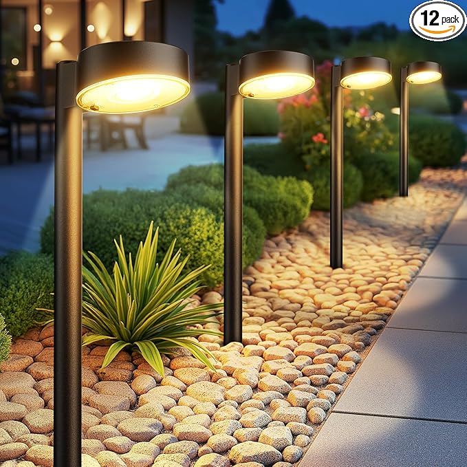 12 Pack Solar Pathway Lights Outdoor, 12 Brighter LED Solar Lights Outdoor Waterproof, Up to 12 Hrs Modern Solar Powered Path Light for Yard Garden Walkway Driveway - Aura Lighting