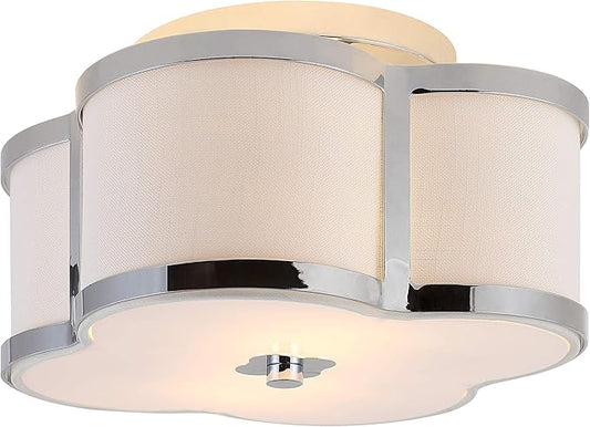 JONATHAN Y 13" Chrome Modern Scalloped LED Flush Mount Ceiling Light Fixture, White Linen Shade Quatrefoil Chandelier for Bedroom Living Room Kitchen Hallway Foyer JYL9507A