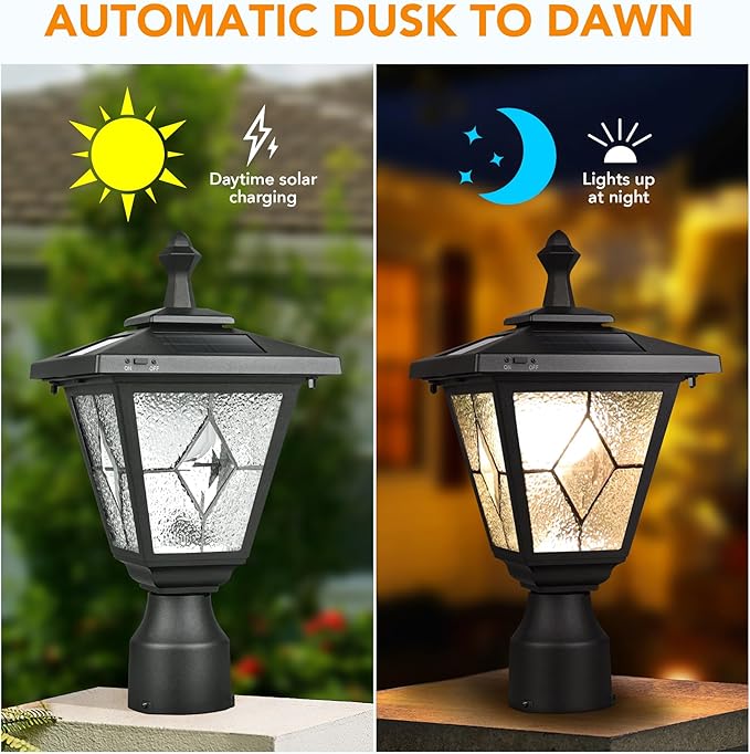 KP4326Q-A Solar Lamp Post Light, Outdoor Lighting, Aluminum LED Solar Pillar Light with Tiffany Glass for Gate Column, Driveway, Matte Black