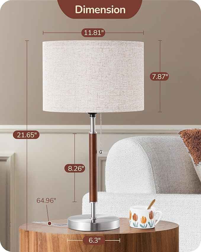 EDISHINE Mid Century Table Lamp, Solid Wood and Metal Bedside Lamp with Pull Chain Switch & Beige Linen Shade, Retro Nightstand Lamp for Bedroom Living Room End Table, E26 Base