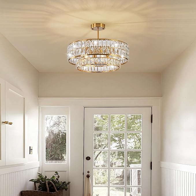 20 Inch Contemporary Luxury Crystal Chandelier, 6-Light Gold Semi-Flush Mount Ceiling Fixture, Round Crystal Pendant Design Perfect for Living Room, Dining Room, Kitchen, Foyer & Bedroom - Aura Lighting