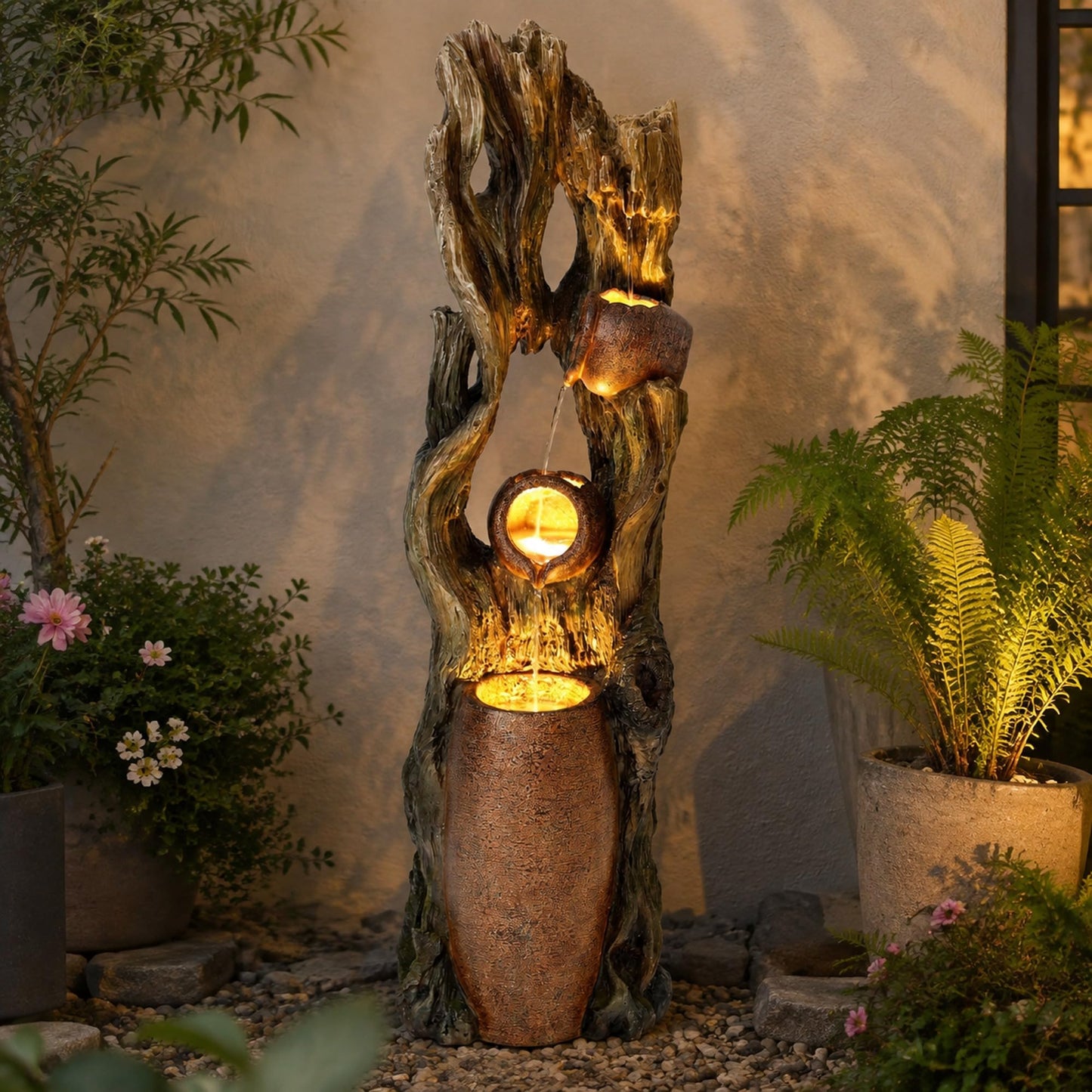 42.7" 3 Tier Outdoor Water Fountain LED Tree Trunk Jar Waterfall