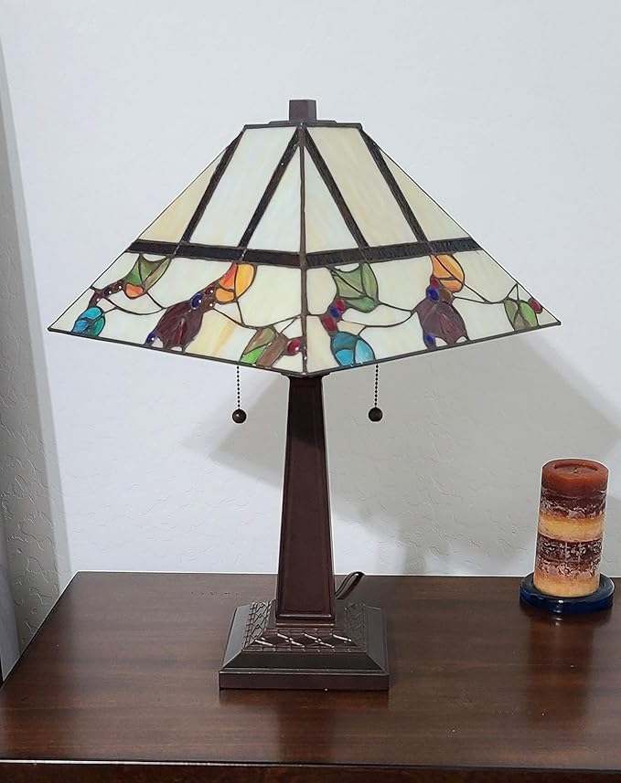 Tiffany Style Table Lamp Banker Mission 22" Tall Stained Glass Tan Blue Red Orange Green Vintage Antique Light Décor Night Stand Living Room Bedroom Handmade Gift AM301TL14B Amora Lighting, Multicolor
