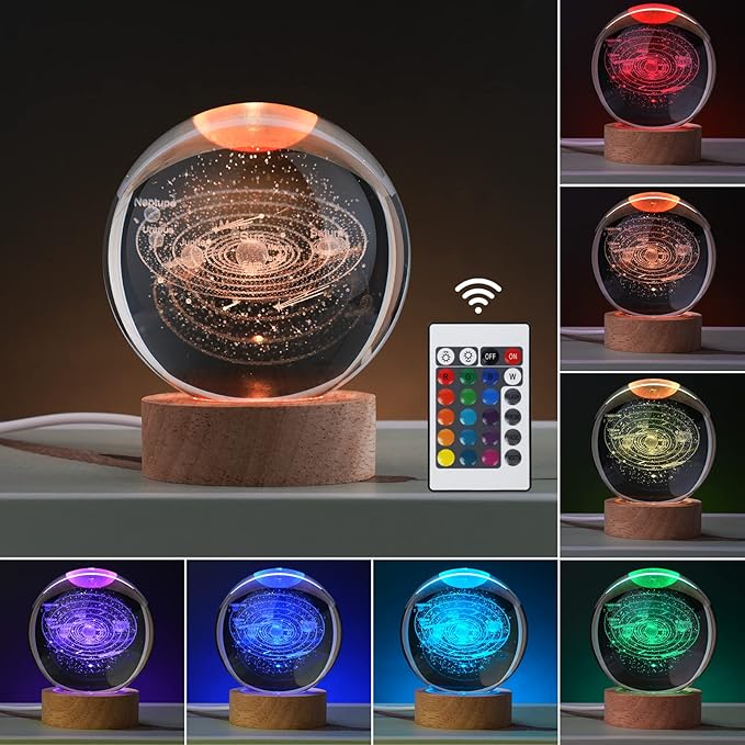 Large 3D Solar System Crystal Ball, Crystal Lamp 16 Color Changing Night Light with Remote Control for Bedroom Decor, Ideal Birthday Gift for Teens Boys and Girls, Solar System Model