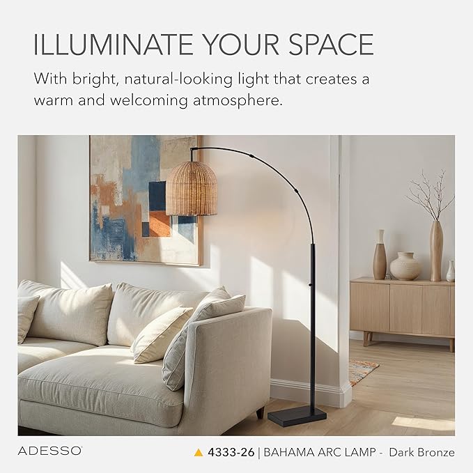 Adesso Bronze Arc Floor Lamp with a Rattan Shade – Modern, Coastal Overhead Accent Light for Bedroom, Living Room, or Home Office, 80” Tall