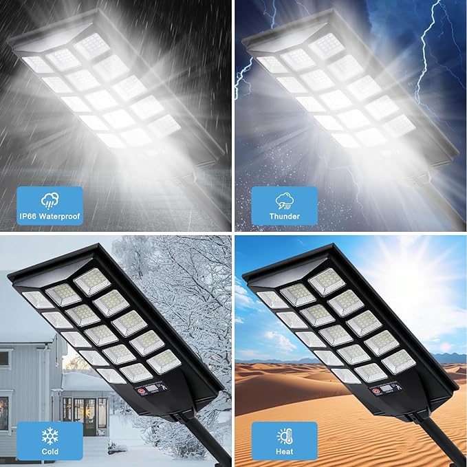 Jercoda 1 Pack Solar Street Lights Outdoor, 50000LM 6500K LED Flood Light Motion Sensor & Dusk to Dawn Security Lights with Remote Control, Waterproof Solar Powered Lighting for Garden Yard Parking