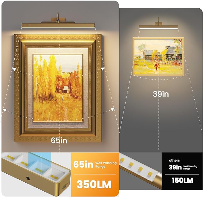 Wireless Picture Light Battery Operated, 16in Picture Light for Wal, 2Pack Rechargeable 5000mAh Battery Wall Sconce for Wall Pictures, Gallery Artwork, Paintings, Portraits, Dartboards- Brass