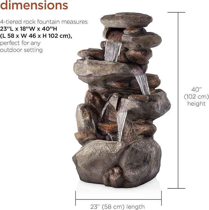 Alpine Corporation | 40" 4-Tier Rock Floor Fountain with Cascading Water & White LED Lights, Tranquil Outdoor Water Feature for Garden, Patio, Yard & Deck, Light Gray