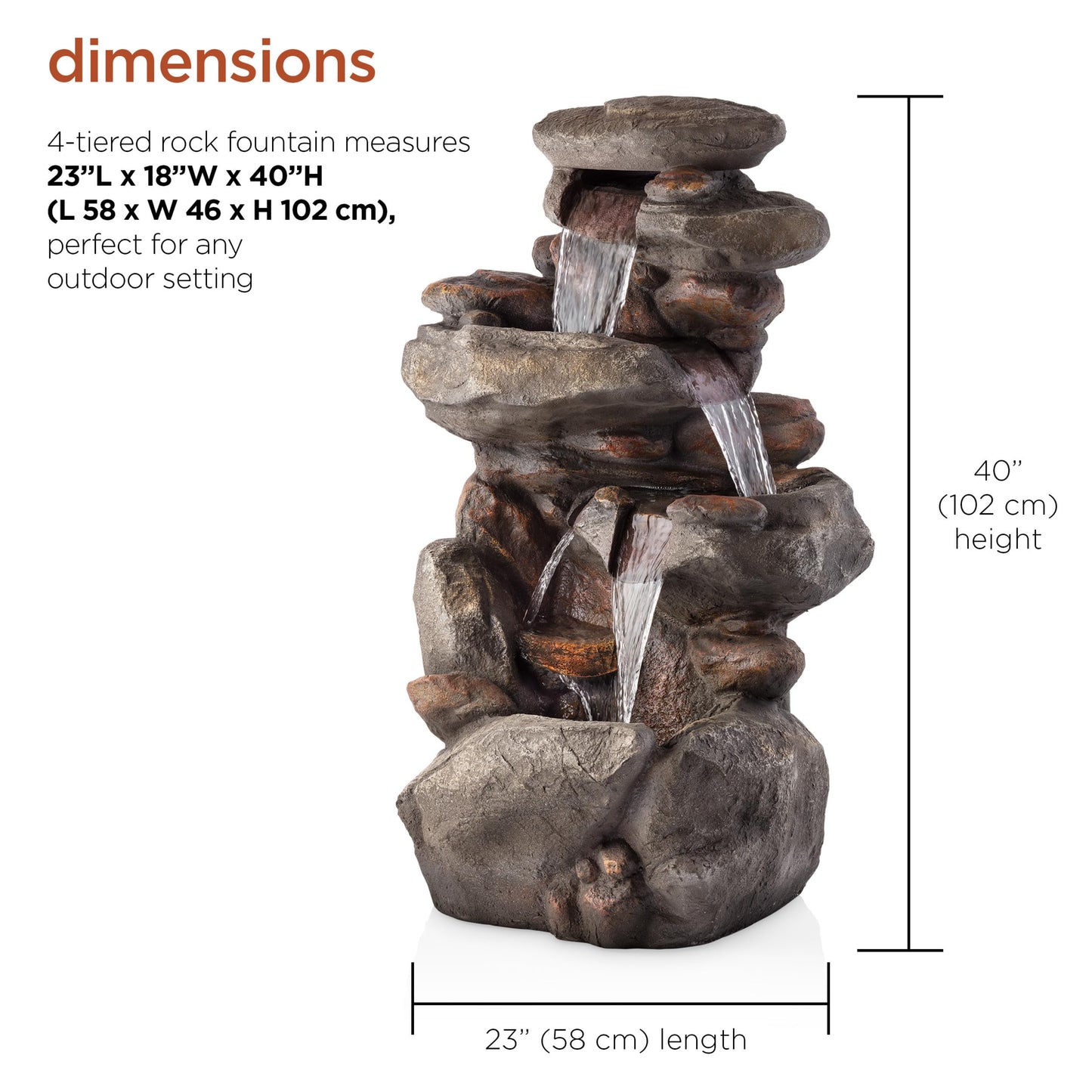 40" 4 Tier Rock Floor Fountain with Cascading Water & White LED Lights