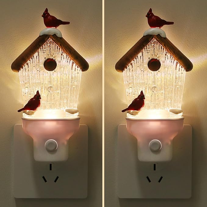 2 Pack Christmas Birdhouse Night Light Plug into Wall Glitter Water Nightlight with USB/Outlet Options, Christmas Decorative Nightlight for Bedroom Kitchen Holiday Decorations Gifts (Birdhouse)