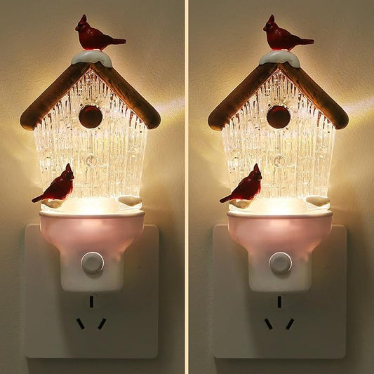 2 Pack Christmas Birdhouse Night Light Plug into Wall Glitter Water Nightlight with USB/Outlet Options, Christmas Decorative Nightlight for Bedroom Kitchen Holiday Decorations Gifts (Birdhouse)