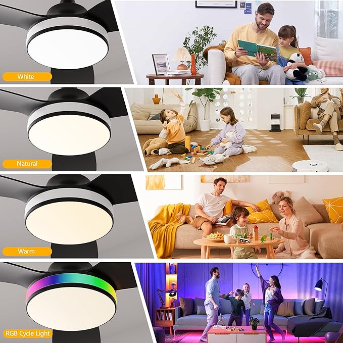Ceiling Fan with Light and Remote - 42 Inch Modern Black Ceiling Fan Reversible 3 Blades Fan with Dimmable RGB LED Light for Living Room Bedroom and Outdoor(Black)