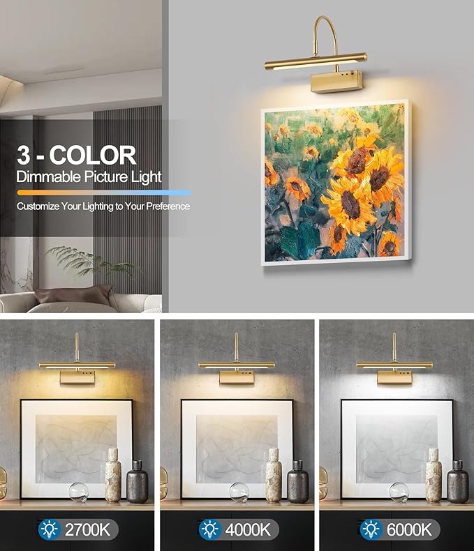 Wireless LED Picture Light, Coredless Art Lighting for Wall, Brass Battery Frame Light with Remote, 3 Color Tone & Dimmable,12 inch Wall Decor Light for Art Display,Hallway,Study Room