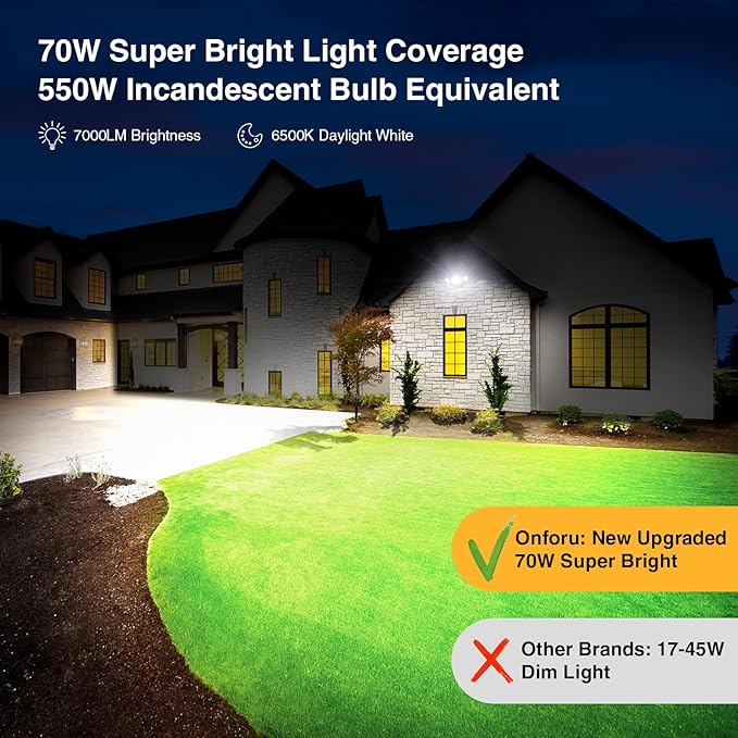 Onforu 70W LED Dusk to Dawn Flood Lights, 7000LM Black Exterior Security Outdoor Lighting,IP65 Waterproof Outdoor 3 Adjustable Heads Photocell Light Fixture,6500K Floodlight for Garage,Patio,Yard