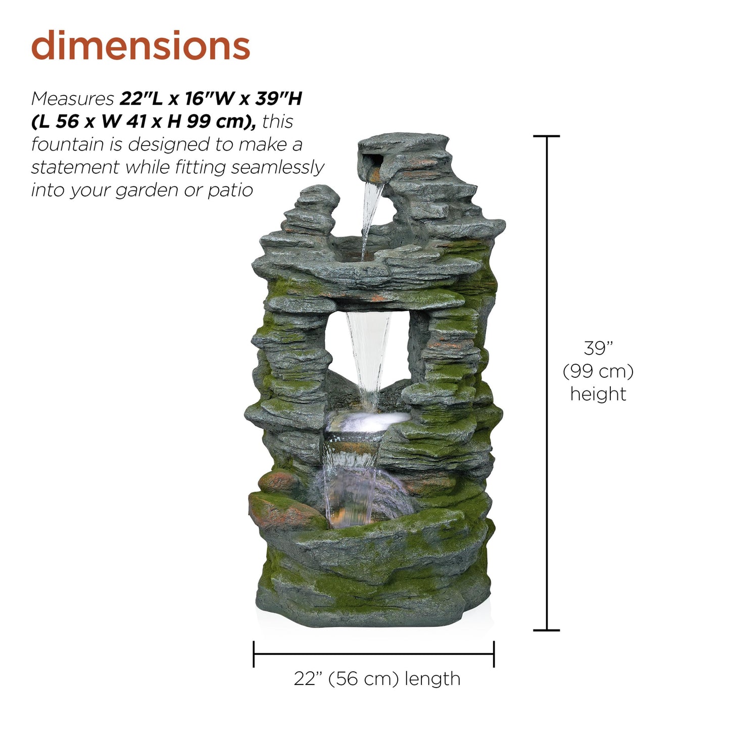 WIN1648 39" Stacked Stone Rainforest Fountain with Cool White LED Lights