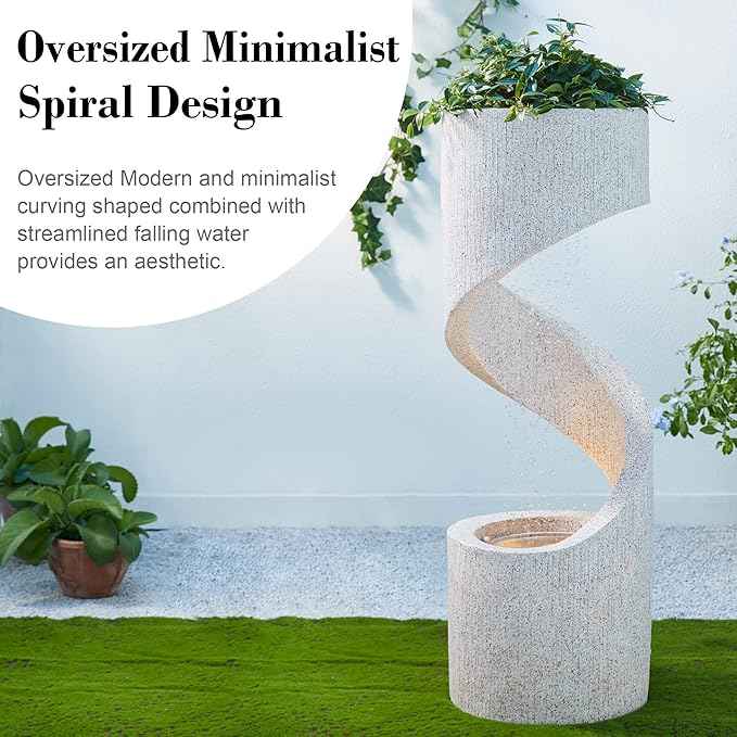 Glitzhome Outdoor Water Fountain with LED Light, Modren Curved Waterfall Fountain with Stone Planter, Faux Terrazzo Spiral Shaped Outdoor Fountains Water Feature for Garden Patio Deck Porch, 40.25”H