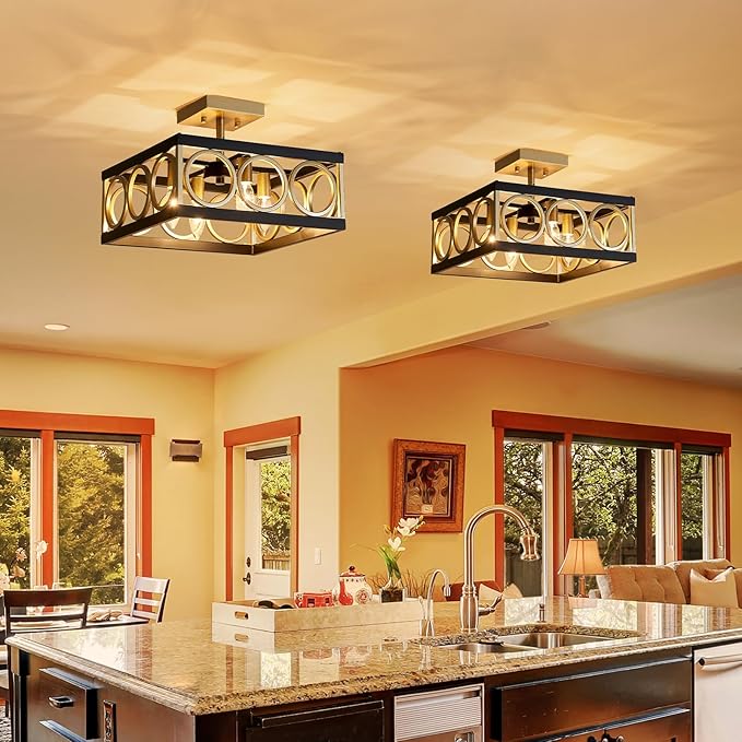 XINGQ Black and Gold Ceiling Light Fixture Modern 4-Light 13'' Semi Flush Mount Ceiling Lights for Living Dining Room Bedroom with Square Metal Shade, E12 Bulb Base - Aura Lighting