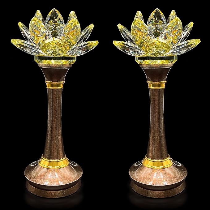 1 Pair Colorful LED Lotus Flower Lamp 7 Color Crystal Buddha Lamp for Cabinet Buddhist Altar - Light Control Crystal Decor Night Light -110V US Plug(10 inch)