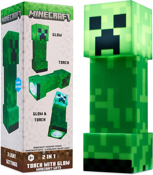 Minecraft Creeper Torch Night Light for Kids, 2-in-1 Flashlight and Lamp with USB and Battery Power, Bedroom Decor, Desk Light, Gamer Gifts for Boys