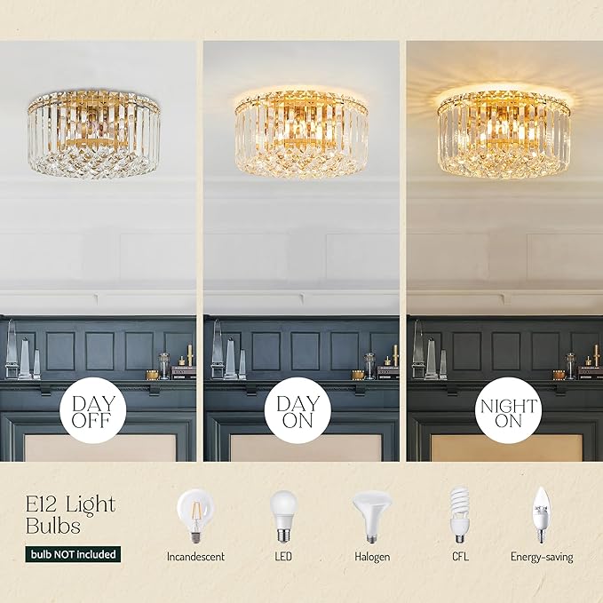 12.6" Gold K9 Crystal Raindrop Flush Mount Ceiling Light, Modern Chandelier, Round Luxury Light Fixture for Dining Room, Bedroom, Hallway, Kitchen Island & Living Room - Aura Lighting