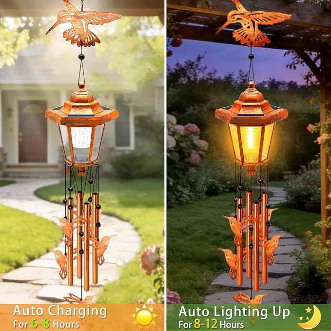 Hummingbird Solar Wind Chimes for Outside, Birthday Gifts for Mom Women Grandma Mother's Day Memorial, 34-Inch Windchimes with Wind Spinner, Outdoor Hanging Solar Lights Yard Garden Decor, 2 Pack