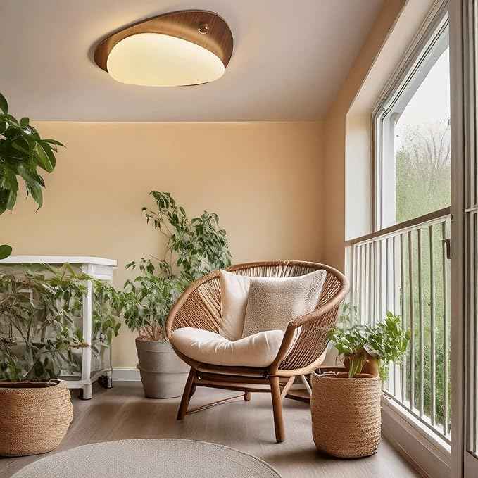 Modern Nordic Ceiling Light, 3-Color Dimming Walnut & Cream Wood Grain Pebble LED Ceiling Lamp, Minimalist Wabi-sabi Flush Mount Light Fixture, for Bedroom Living Room