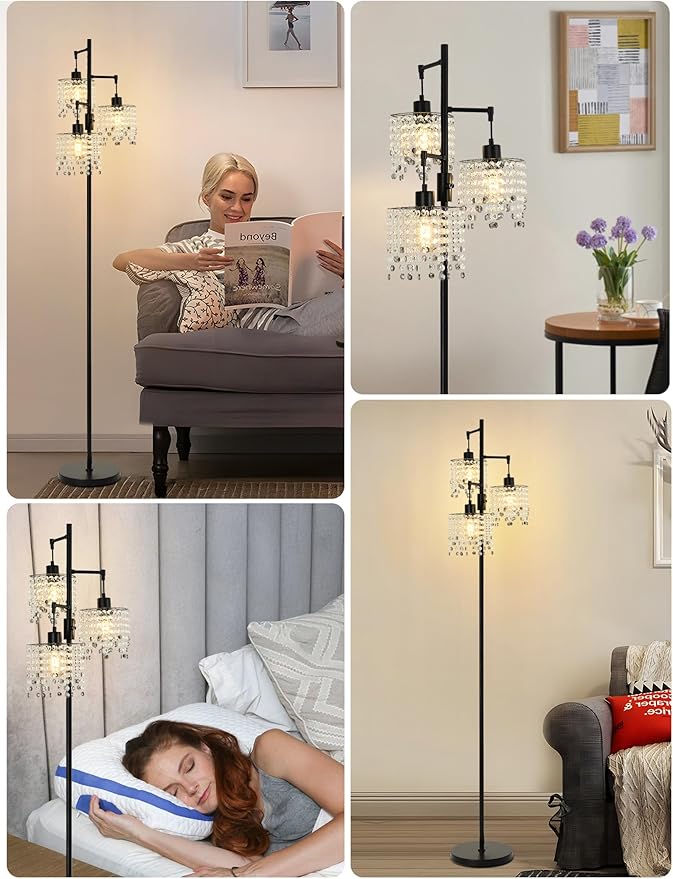 64" Crystal Floor Lamp with 3 Lights, Elegant Crystal Floor Lamp, Modern Standing Lamp, Gold Metal Base, K9 Crystal Beads with Grey Accentsfor Living Room, Bedroom, Office