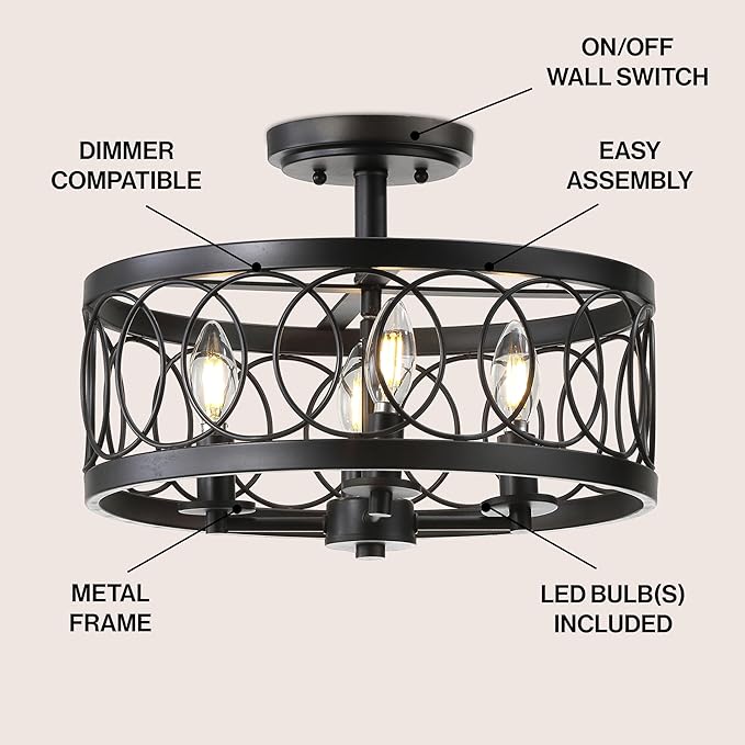 JONATHAN Y 15.5" Oil Rubbed Bronze 4-Light Metal LED Semi-Flush Mount Ceiling Light, Metal Fretwork Shade for Bedroom Entryway Hallway, Traditional Round Dimmable Fixture JYL9040A