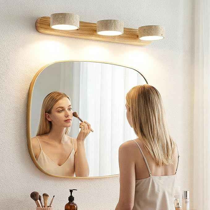 Travertine Vanity Light, 300° Swivel Japandi Ash Wood LED Wall Sconce, Natural Stone Mirror Lighting Fixtures, 20" 3-Light Modern Rustic Wall Lamp for Bathroom & Bedroom (110V)