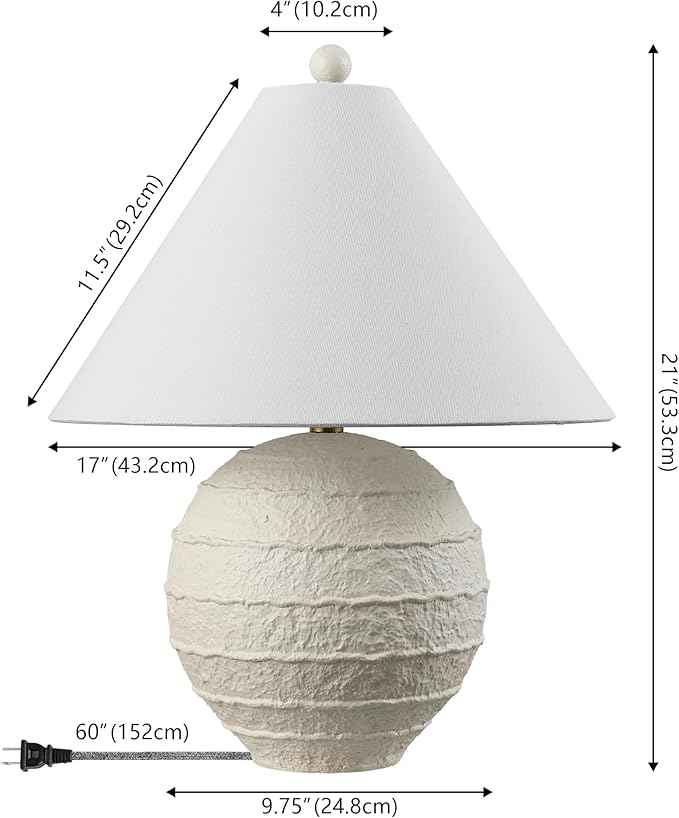 JONATHAN Y 21" Antique White Coastal Cottage Textured Resin Table Lamp Set of 2, Farmhouse Ridged Nightstand Lamps for Living Room Bedroom, White Linen Shade, LED Bulbs JYL9205A-SET2