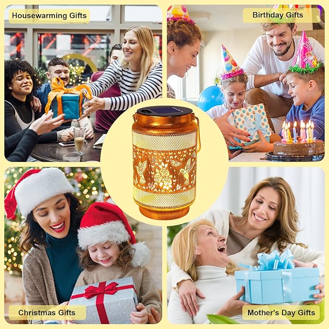 2 Pack Hummingbird Solar Lanterns Outdoor Waterproof Solar Garden Decor, Birthday Gifts for Christmas Women Mom Grandma, Metal Hanging Lights with Shepherd Hook for Yard Patio Pathway Backyard Porch - Aura Lighting