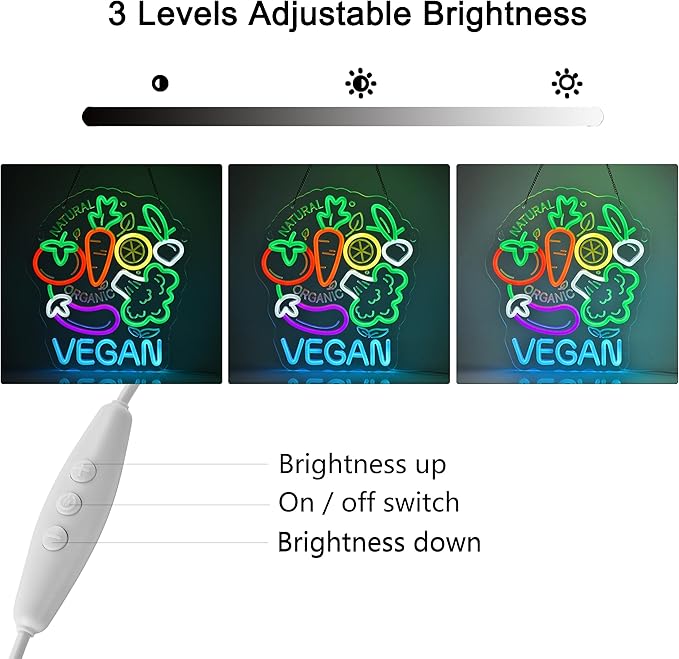 Vegan Neon Sign, Neon Lights Hanging Wall Art Decoration for Business Restaurant Shop Store Bar Cafe Party Home Decor, USB Powered Ultra Bright Dimmable,14.57×12.6inches