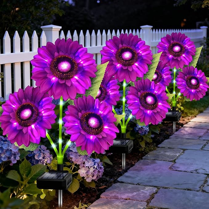 Solar Garden Lights Outdoor, 3 Pack Sunflower Lights with 9 Large Purple Sunflower, Waterproof Garden Decor, Birthday Gifts for Mom Grandma, Decorative Solar Flowers for Pathway Patio Yard Decoration