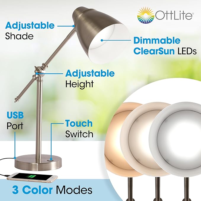 Ottlite Harmonize LED Desk Lamp - 2.1A USB Charging Port, 3 Brightness Settings, Brushed Nickel