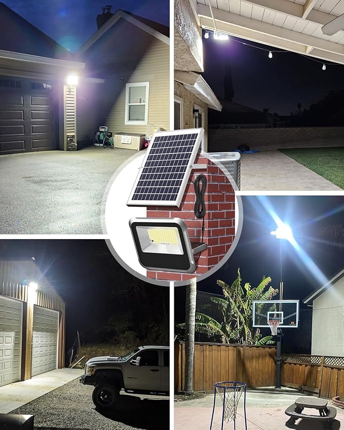 Engrepo Solar Light Outdoor, 10000mAh Luces Solares Solar Powered Security Flood Light Outside 3000LM IP65 Waterproof Dusk to Dawn with Remote Control and 8.2 ft Cable for Yard, Shed, Barn. 2 Pack