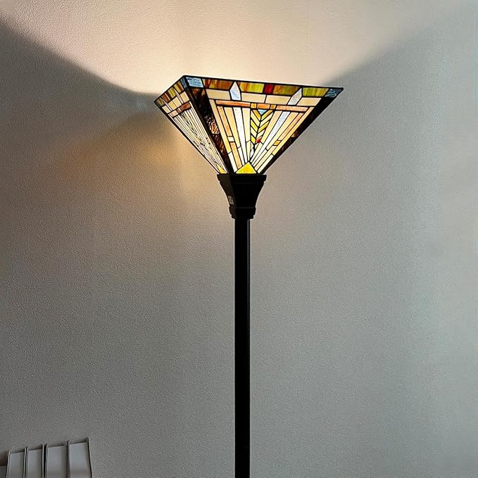 Tiffany Torchiere Floor Lamp,Stained Glass Lamp Shade,Vintage Antique Mission Tiffany Style Standing Light for Living Room and Bedroom