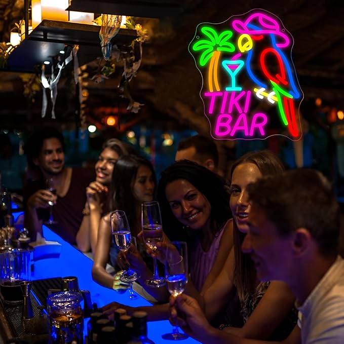 Tiki Bar Neon Sign for Wall Decor Dimmable Parrot Cocktail Neon Light for Man Cave Hawaii Beach Sign for Pub Home Bar Beer Shop Beach Party Bedroom Christmas Birthday Gift Size 12.9 * 11.1In (WZCP193)