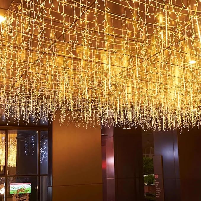 ZIMINGU Icicle Christmas Lights, 16.4 FT 120 LEDs 8 Modes, Hanging Twinkle Connectable Memory Fairy Curtain String Lights for Indoor Eaves Shopping Outdoor Decor, Warm White, 5M06