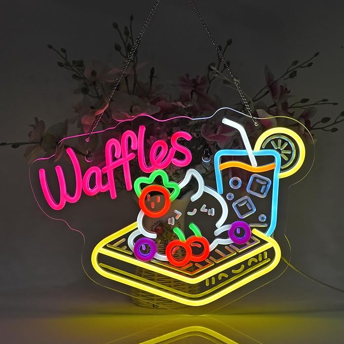 Waffles Neon Sign, Neon Lights Hanging Wall Art Decoration for Store Retail Shop Market Grocery Bakeries Dessert Café Celebration Home Decor,USB Powered Ultra Bright Dimmable,15.75×11.8inches