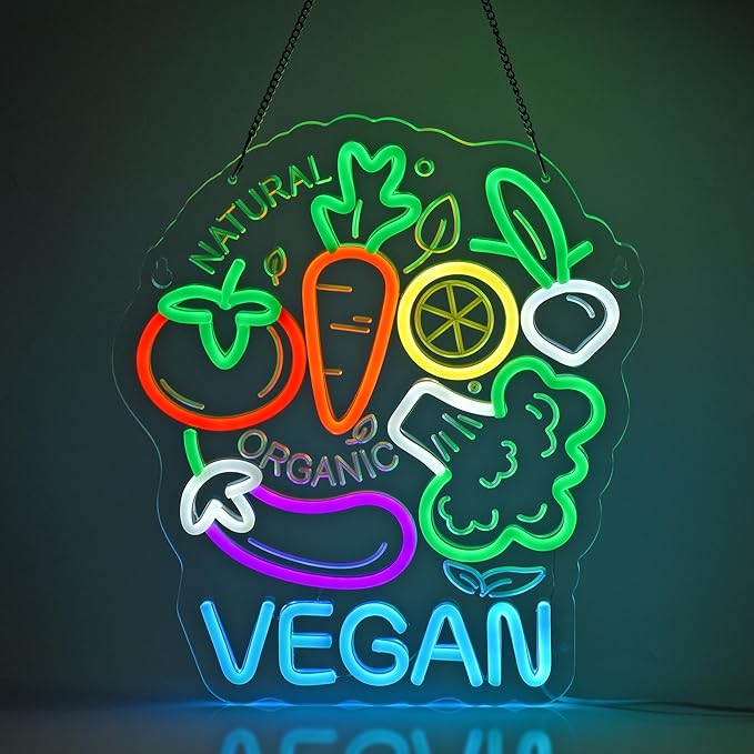 Vegan Neon Sign, Neon Lights Hanging Wall Art Decoration for Business Restaurant Shop Store Bar Cafe Party Home Decor, USB Powered Ultra Bright Dimmable,14.57×12.6inches