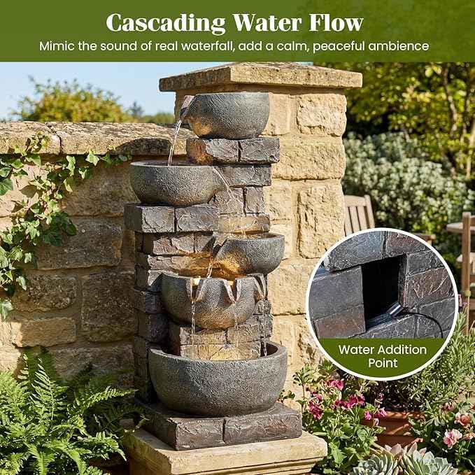 Giantex 33'' Water Fountain Outdoor, 5-Tier Cascading Stacked Stone Bowl Waterfall Fountain with LED Lights & Pump, Outside Water Feature for Patio, Balcony, Deck, Garden, Yard Decor